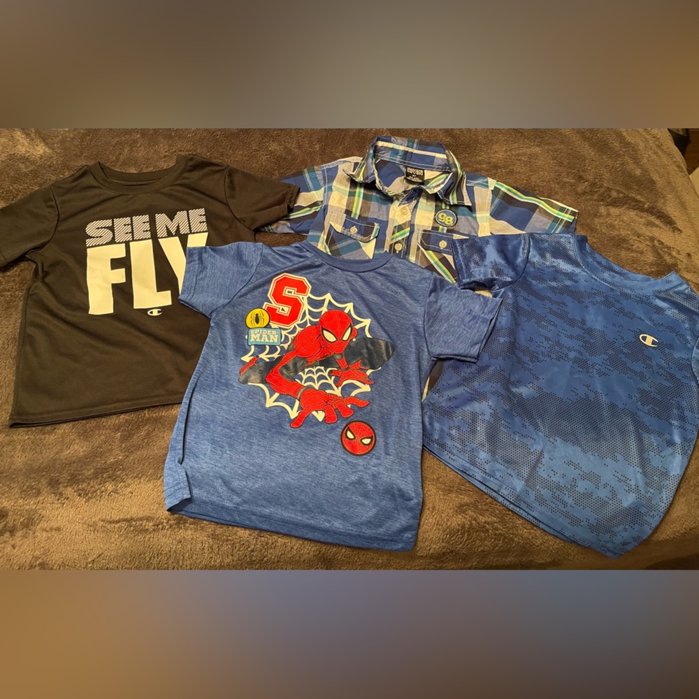 Used 4pc. Boys Nike/marvel/champion/quad 7 shirts. Great condition Sz 4